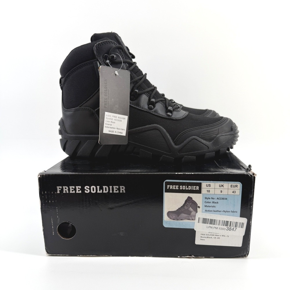 Free Soldier Tactical Boots Mens 10 Black Leather Nylon ACC0034 Military Hiking